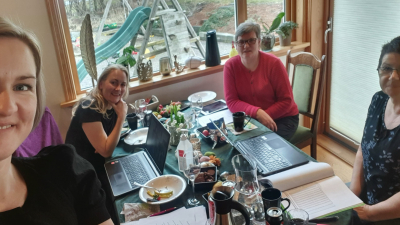 Tonje Nærland Kloster, Hilde Gunn Ødegård Aksnes, Liv Borghild Kraggerud og Aslaug Rystad deltok på det digitale årsmøtet til Rogaland Bygdekvinnelag.