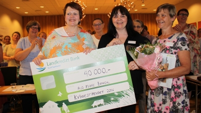 Leder i Norges bygdekvinnelag, Marna Ramsøy (til v.) deler ut Bygdekvinnelagets Kvinnestipend for 2016 til Aud Marie Bergdal (i midten) og Bente Venås, leder i Tresfjord bygdekvinnelag. Foto: Helle Cecilie Berger.