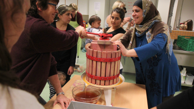 Samling rundt eplepressa: Ghazala Ibrahim og Awaz Hamed fra Syria, og Alyaa Makhzumi fra Irak var ivrig ved eplepressa. Det ble mye latter da det etter hvert ble en tung jobb å presse ut safta. Foto: Ragnhild Bakke.