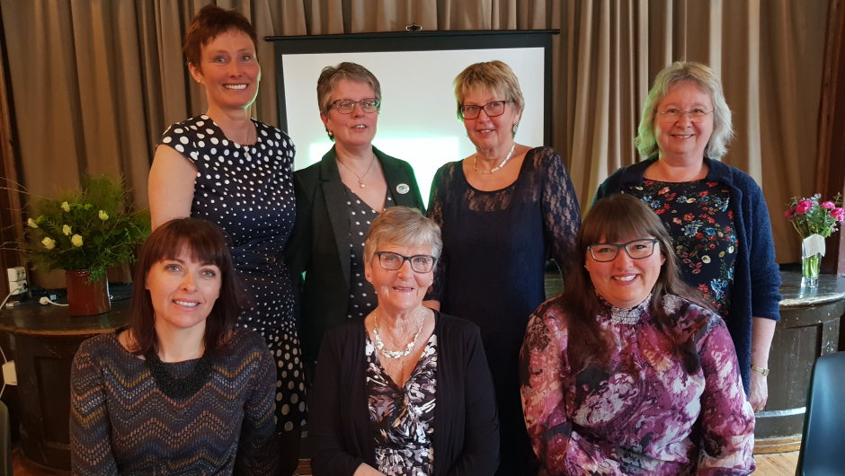 festkomiteen foto: Liv Spilde festkomiteen- framme til venstre;Elin Helgaset, Brita Knapstad,Marit Helgaset. bak frå venstre;Solvor T.Bakketun, Randi F. Opheim, Berit Klyve og Berit R. Græe