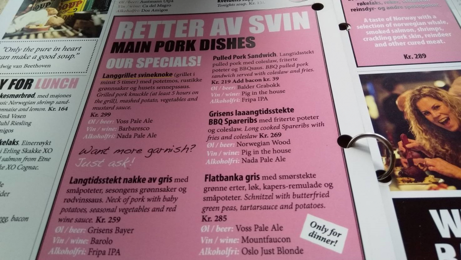 Utsnitt av menyen på Den Glade Gris Utsnitt av menyen på Den Glade Gris