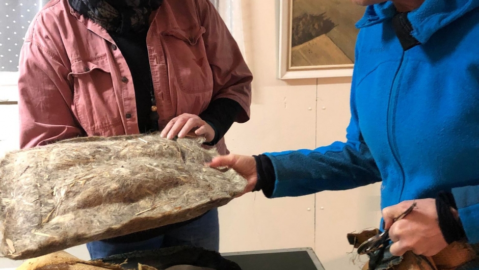 Hestehår og halm ble ofte brukt som stopping i gamle møbler, Her er Eva og Elin i gang med å sjekke innholdet i stolen Eva skal trekke om.