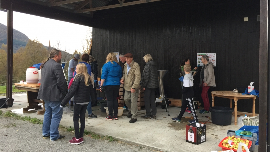 Utendørs foregikk det eplepressing Eplepressing