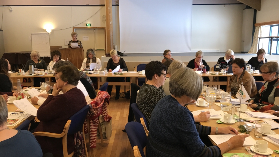 Delegater og styret i bakgrunnen.