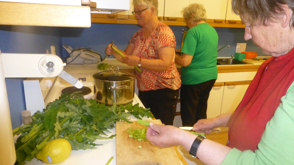 Damene i full gang med å lage til et 3 retters måltid. Ville vekster